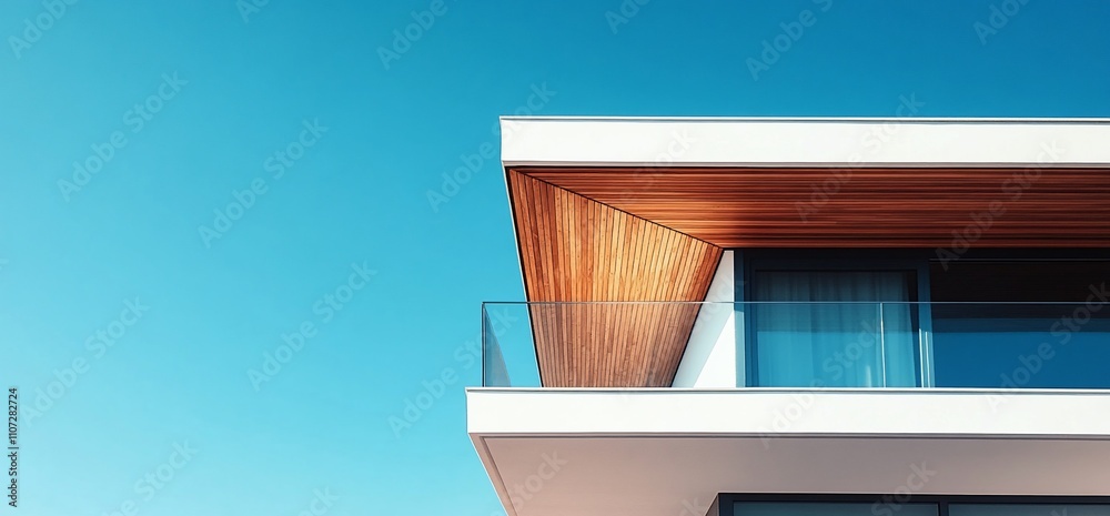 Poster modern architectural design featuring sleek lines and a wooden overhang.
