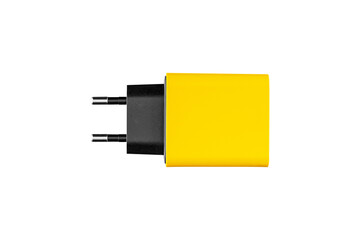 adapter for charger with USB and Type C connector, yellow, on isolated or white background close-up