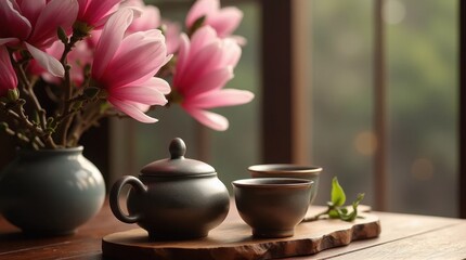 Traditional Korean Tea Set on Wooden Table