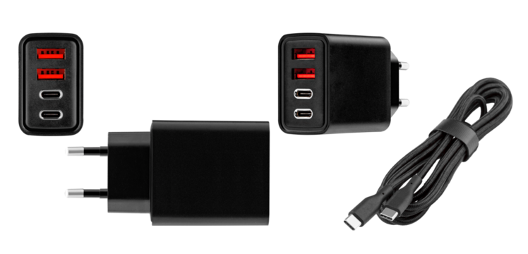 set power adapter, charging adapter with USB and Type-C connector on isolated and white background, close-up