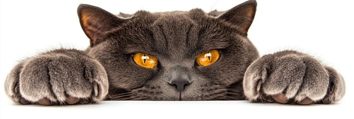 A close-up of a gray cat with orange eyes, resting its paws on a surface.