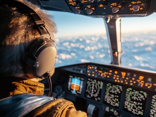 Fototapeta premium Pilot operating aircraft in mid-flight aerial view aviation technology cloudy sky professional environment