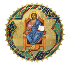 Obraz premium Jesus Christ greatest Bishop sitting on the throne. Religious decorative sun- dome. Illustration in Byzantine style isolated