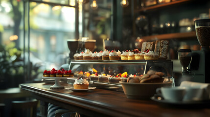 A delightful display of cakes and pastries in a coffee shop