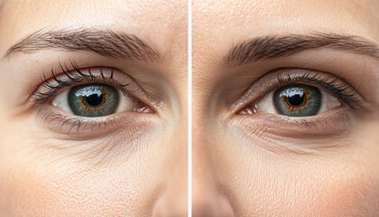 Surgery eyelid rejuvenation concept. The image compares two close-up views of eyes, showcasing differences in skin texture and signs of aging, highlighting the effects of skincare treatments.