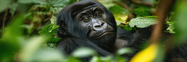 Obraz premium A serene gorilla resting among lush green foliage in its natural habitat.