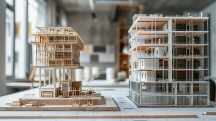 A study in contrasts the architectural model and the unfinished construction site are shown together offering a glimpse into the transformation from raw materials to a stunning architectural