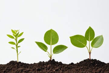 Three saplings of varying growth stages in soil against a white background