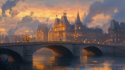 bridge, the golden capital of France exudes timeless beauty, with intricate architecture and softly glowing skies creating a perfect, serene scene
