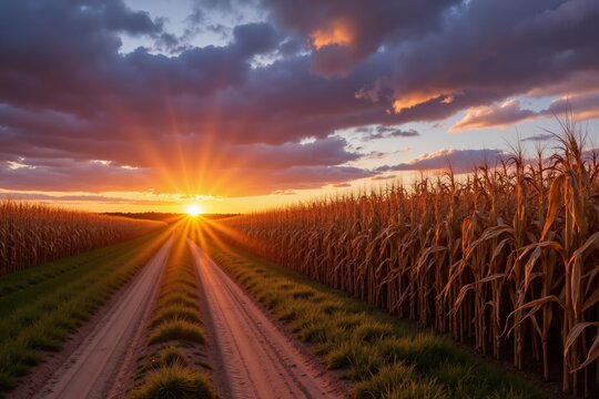 Captivating golden sunset over rural cornfield pathway under dramatic clouds.