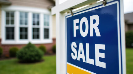 Obraz premium Real Estate Opportunity: House with For Sale Sign in Neighborhood Setting