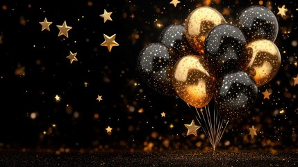 Naklejka premium A Black and Gold Balloon Display,Sparkly Celebration: A Versatile Background for Any Event.Concept of Celebration, new beginnings, luxury, elegance, festive,Event planning, party supplies.