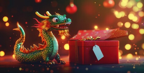 Fototapeta premium Chinese dragon, new year atmosphere, gift box with blank white tag nearby, red and green color scheme, gold decor, blurred lights background, bright colors, lively expressions, festive elements.