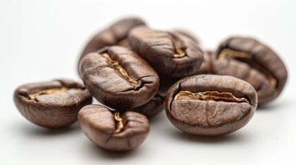 Obraz premium Group of coffee beans with visible oils on a white background, macro photography
