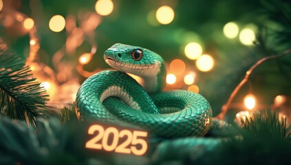 Fototapeta premium Cute green snake with the number 