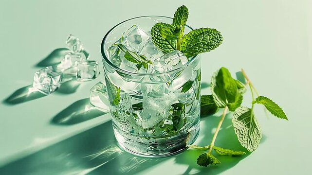 A refreshing glass of iced mint water on a green background, perfect for summer and relaxation