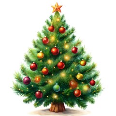 Elegant natural Christmas tree with colorful ornaments, isolated on white background. Design illustration