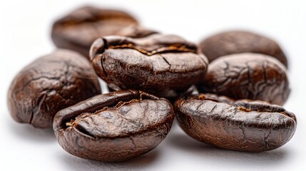 Obraz premium Group of coffee beans with visible oils on a white background, macro photography