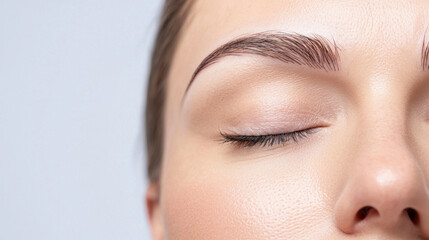 Surgery eyelid rejuvenation concept. A close-up of a serene face with closed eyes and well-groomed eyebrows, highlighting natural beauty and skincare.
