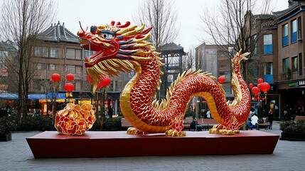 Fototapeta premium Vibrant dragon sculpture symbolizes strength and celebration.