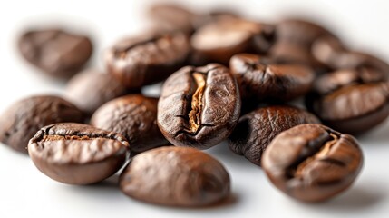 Naklejka premium Group of coffee beans with visible oils on a white background, macro photography