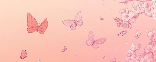 A serene illustration of butterflies amidst soft pink hues and blooming flowers.