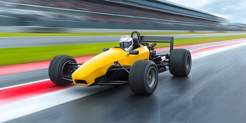 A yellow race car speeds on a wet track, showcasing motion and excitement in motorsport.