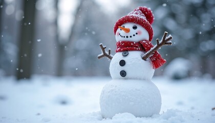 Obraz premium Snowman wearing red hat and scarf in winter wonderland for festive holiday spirit