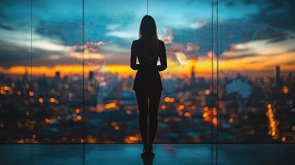 Silhouette of a woman looking out a window at a cityscape with a world map overlay during a vibrant sunset.