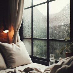 A close up of a windowpane with raindrops clinging to the glass