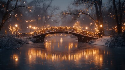 Snowy bridge with lights reflecting on icy water at night.