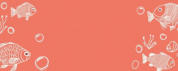 A playful illustration of fish and bubbles on a coral background, ideal for aquatic themes.