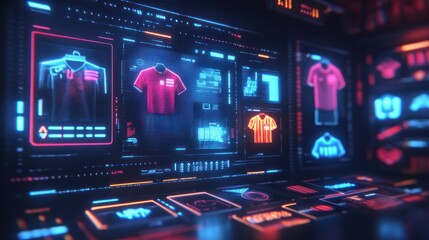 A digital display showcasing various sports jerseys in a futuristic interface.