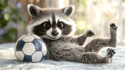 Obraz premium A playful raccoon lying beside a soccer ball, exuding charm and cuteness.