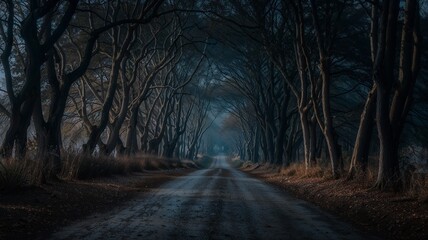 Obraz premium Eerie forest path shrouded in darkness, lined with tall trees, mysterious and suspenseful atmosphere