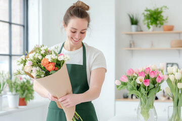 Florist in a green apron arranging a bouquet of roses, carnations, and greenery in kraft paper, smiling in a bright floral shop with tulips and plants in the background