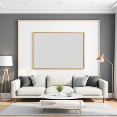 Oversized Vertical Poster Frame Mockup Above Sofa in Scandinavian Living Room