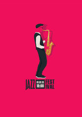vector poster for jazz live music festival with drawing of saxophonist with saxophone in retro style. Music banner, flyer, invitation and ticket