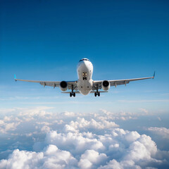 Obraz premium Top View of an Airplane Flying in Clear Blue Skies with Landing Gear Down and White Cloudscape Background 