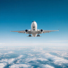 Obraz premium Top View of an Airplane Flying in Clear Blue Skies with Landing Gear Down and White Cloudscape Background 