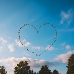 In the sky, birds are flying in the shape of a heart.