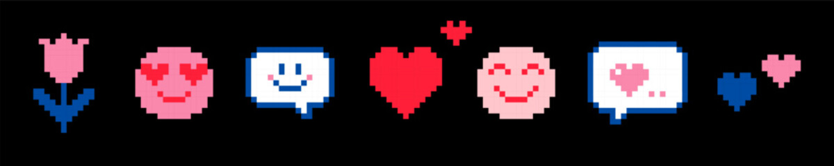 14 February cute game vector elements. Valentine day icon line. Pixel art. Naive childish design. I love U, heart, smile, speech bubble. Abstract geometric simple pattern. Y2k playful pixels stickers