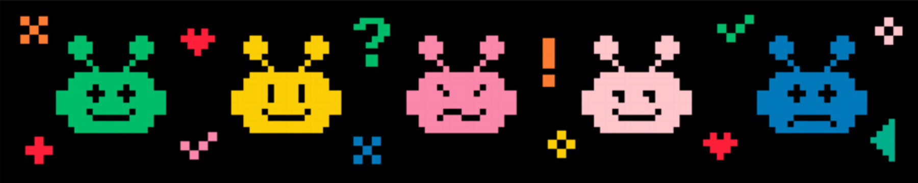 Cute bot icon line. Pixel art. Chatbot set. Naive childish design. Abstract geometric simple pattern. Y2k trendy playful pixels stickers. Mood of 90's aesthetics. 8 bit retro style vector illustration