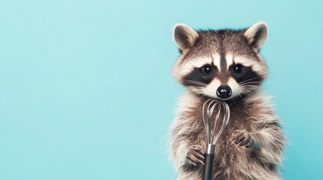 A raccoon holding a whisk against a light blue background, adding a whimsical touch.