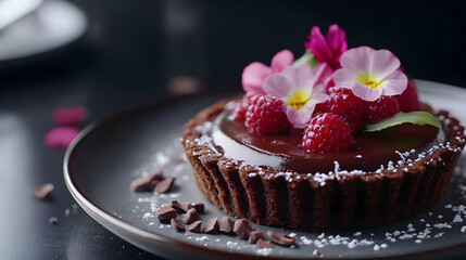 Close-up of Exquisite Chocolate Raspberry Tart Decorated with Flowers