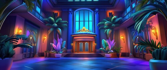 A vibrant, modern lobby with tropical plants and colorful lighting.