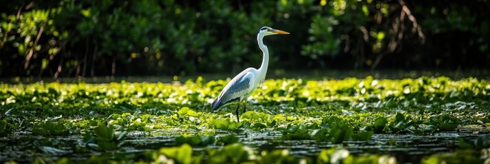 A heron stands gracefully amidst lush green water lilies in a serene natural setting.