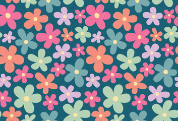 Seamless background with lovely groovy flowers. Flat pattern with colorful elements in hippie style