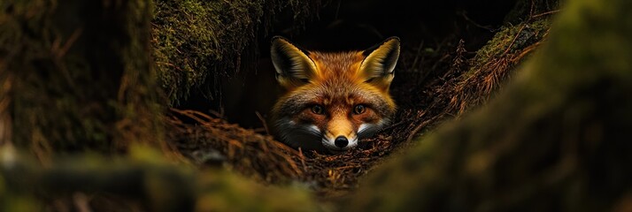 A close-up of a fox peering from its den, showcasing its vibrant fur and curious expression.