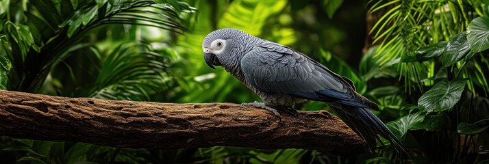 Obraz premium A gray parrot perched on a branch amidst lush green foliage.